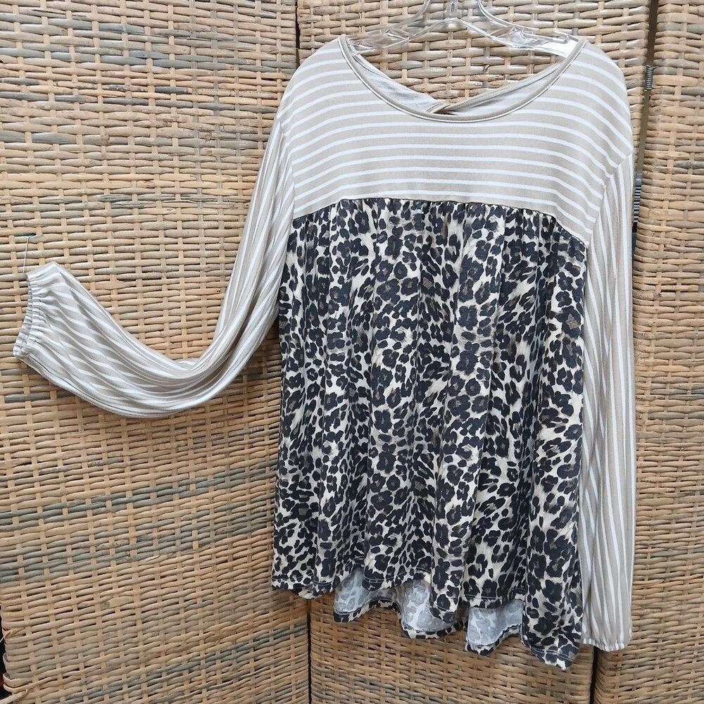 Oddy Size 2X Peasant Top Open Window Rolled Back Animal Print Stripes Comfy Cozy